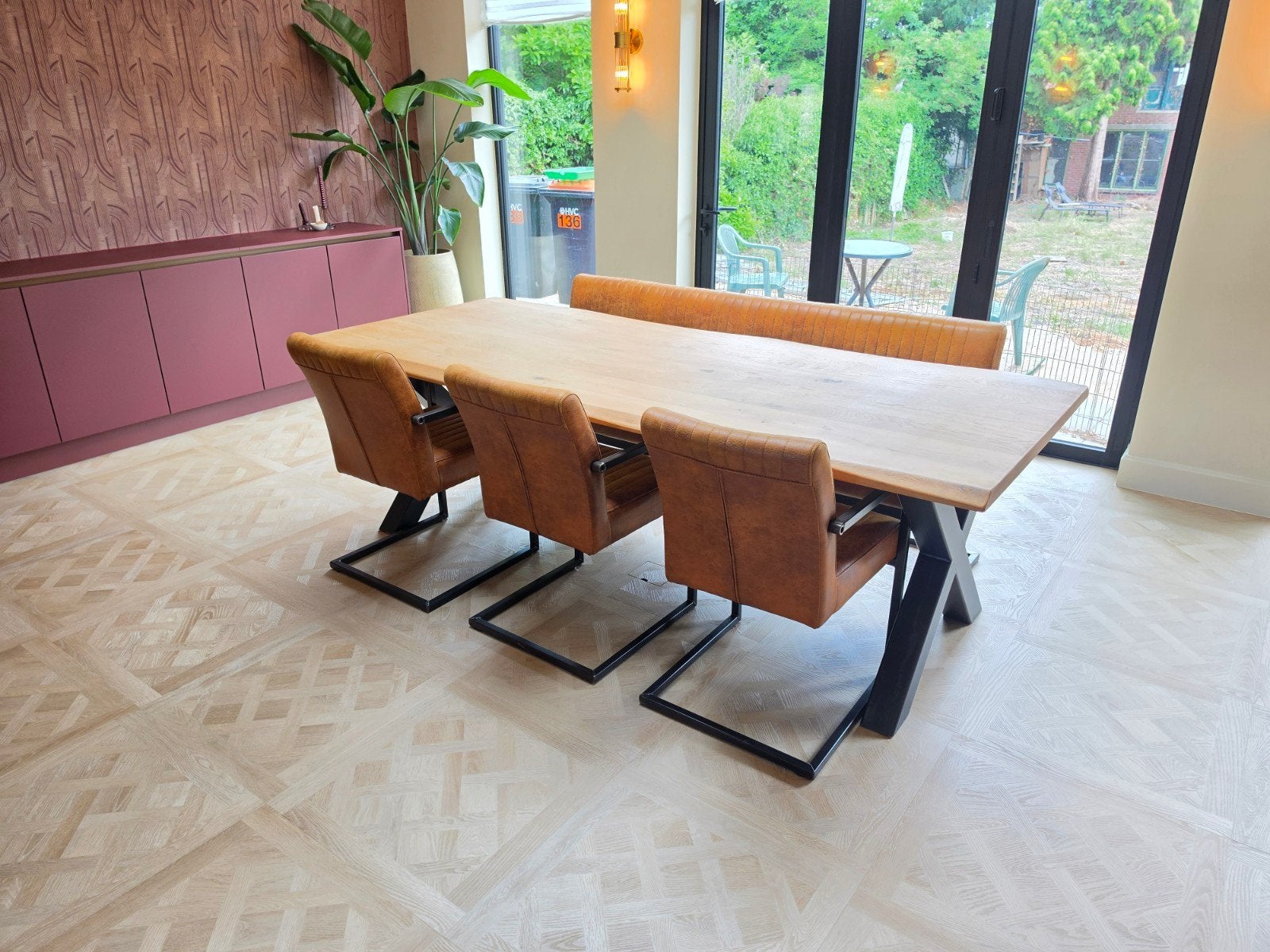 Eetbank en stoelen - echt leder cognac, Ophalen, Overige materialen, Industrieel, Modern, Zo goed als nieuw