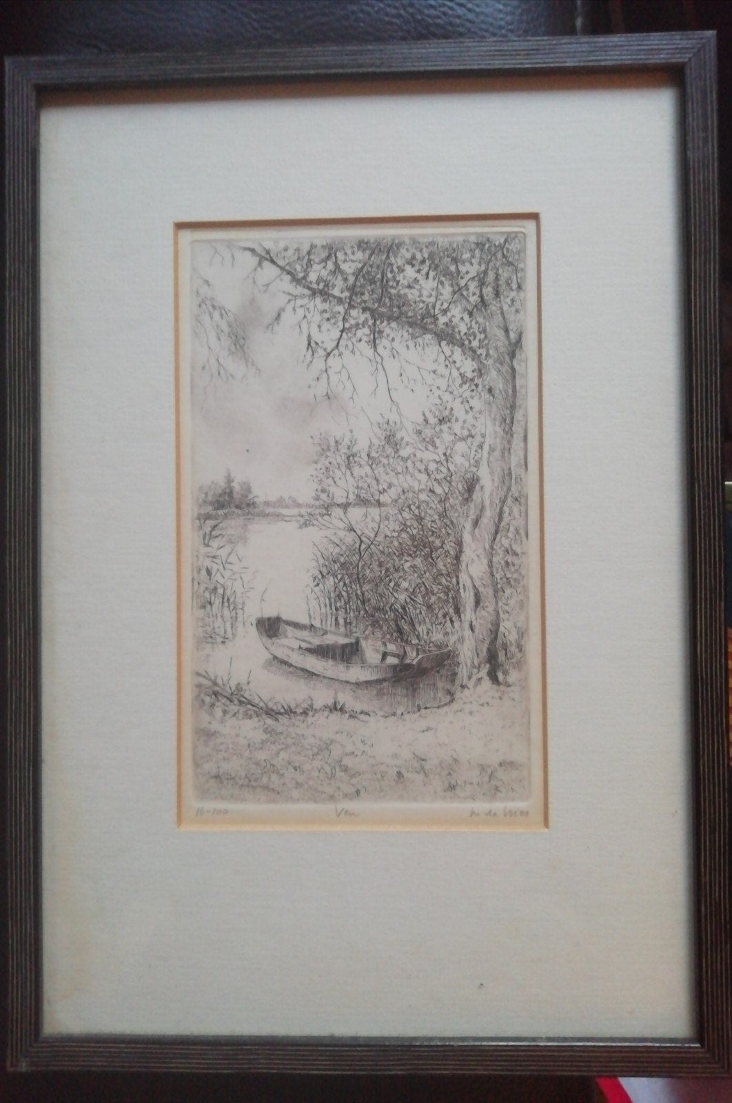 Ets 'Ven' door  de Vries, 16/100, ingelijst, Antiek en Kunst, Genummerd, Ophalen of Verzenden, Landschap, 1950 - 1999