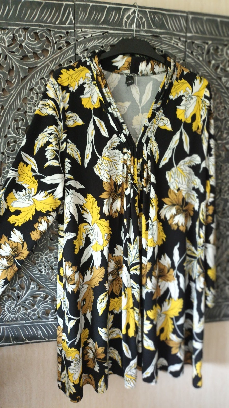 YOEK Tuniek Zwart/Geel Dolce Stof V-hals Maat 48/48, Kleding | Dames, Blouses en Tunieken, Zwart, Maat 46/48 (XL) of groter, Ophalen of Verzenden