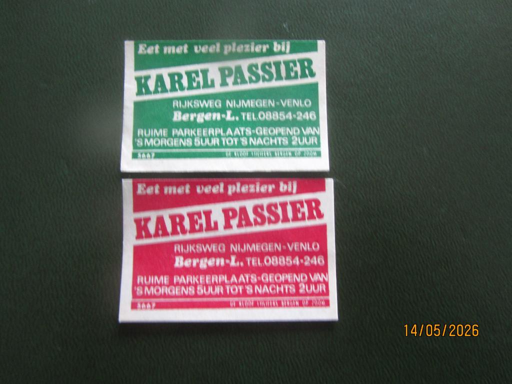 Lucifermerk Karel Passier a/d weg Nijmegen Venlo Bergen (L), Ophalen of Verzenden, Gebruikt, Luciferdoosjes of -merken