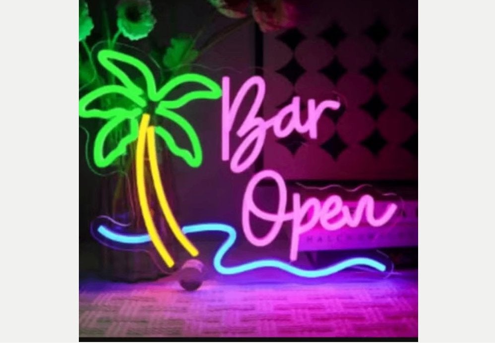 LED lamp neon stijl Bar Open met Palmboom (38x30cm), Ophalen of Verzenden, Nieuw, Lichtbak of (neon) lamp