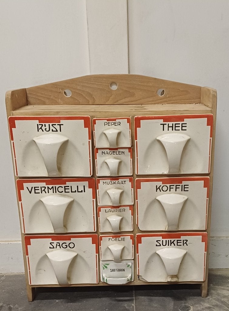 Keukenrek kruidenrek porseleinen lades rood houte kastje, Ophalen