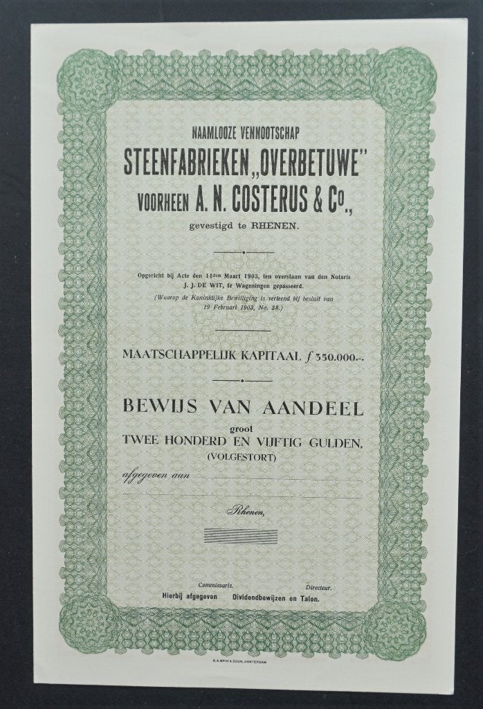 Steenfabrieken "Overbetuwe"v/h A.N. Costerus & Co. te Rhenen, Verzenden, Voor 1920, Aandeel