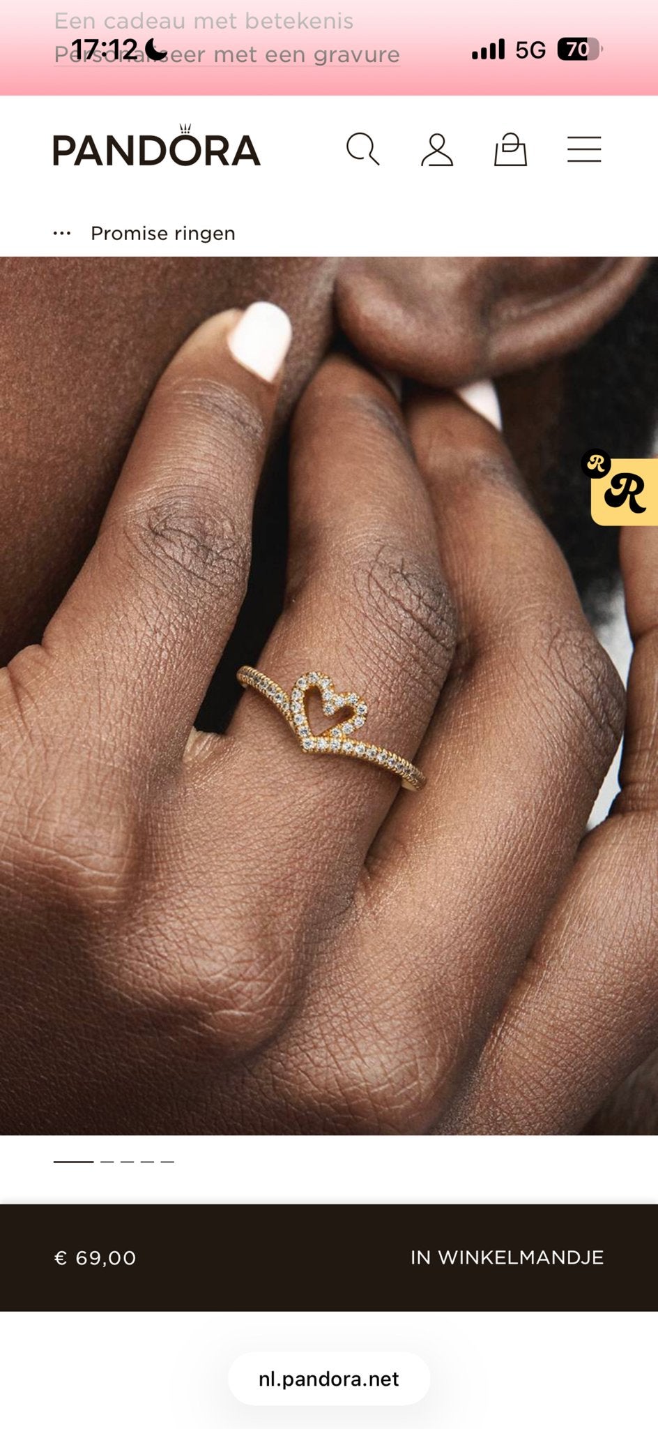 Pandora ring 16 inch - Hartjes design, Met kristal, Overige materialen, Gebruikt, Verzenden