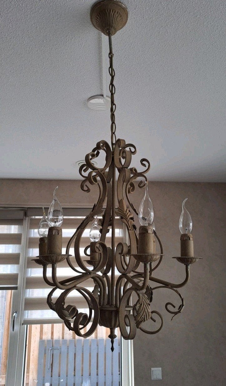 Brocante ijzeren kroonluchter - Sfeervolle verlichting, Huis en Inrichting, Ophalen, Brocante, Klassiek, Landelijk, E14 (klein)