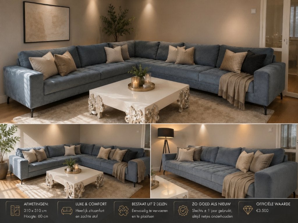 Luxe hoekbank – 310  310 cm – Zo goed als nieuw, Ophalen, Overige materialen, Hoekbank, 300 cm of meer