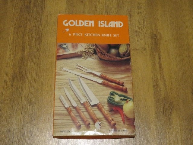 Vintage Golden Island messenset 6 delig NIEUW in de doos, Bestekset, Nieuw, Ophalen of Verzenden, Rvs of Chroom