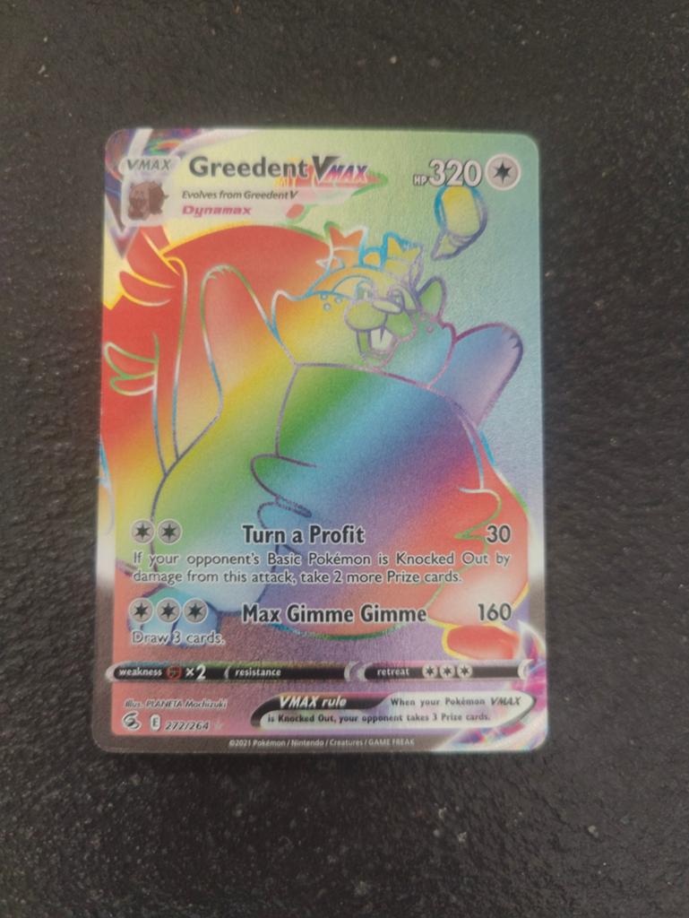 Greedent VMAX Rainbow Rare Pokémon Kaart, Ophalen of Verzenden, Zo goed als nieuw, Losse kaart, Foil