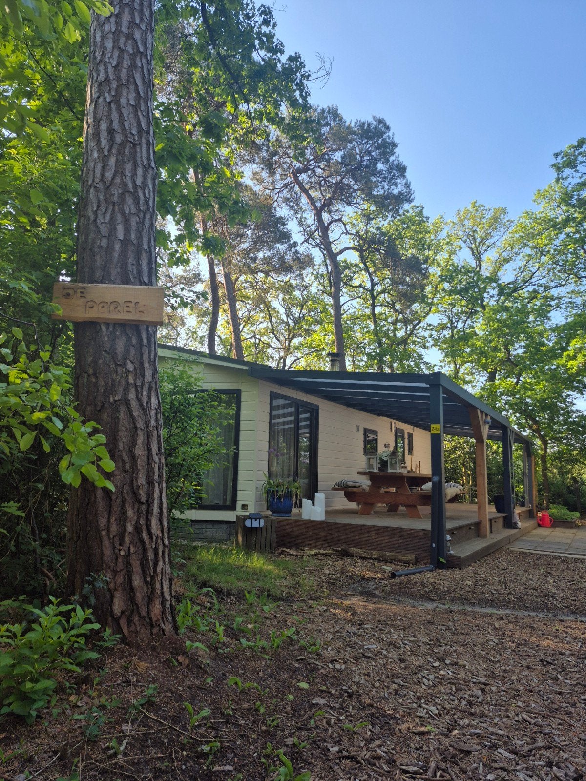 Recreatie woning in bosrijke omgeving met veranda en tuin.