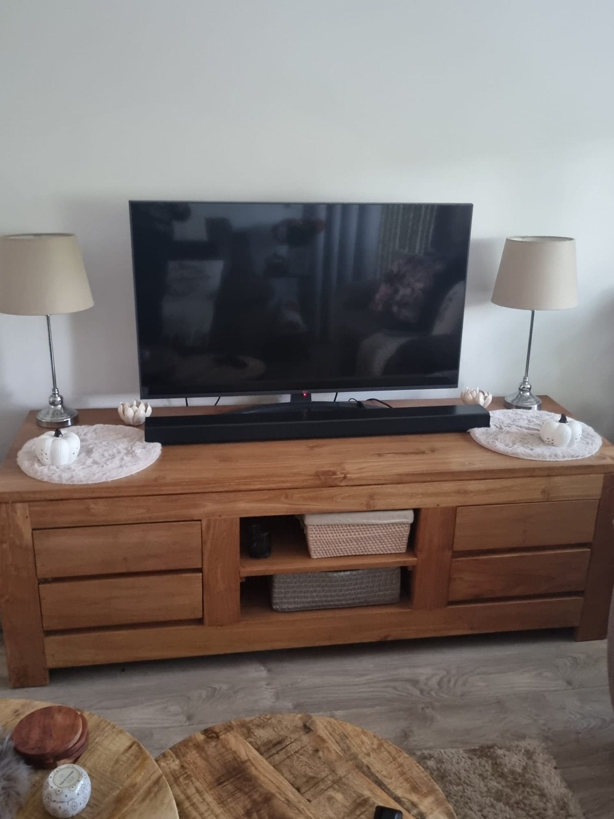 Robuust houten tv-meubel met opbergruimte, Ophalen, Gebruikt, 150 tot 200 cm, Minder dan 100 cm