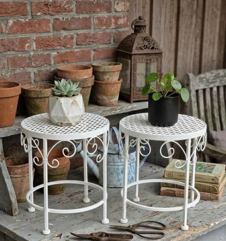 2 Smeedijzeren Plantentafeltjes, Brocante Wit, Ophalen