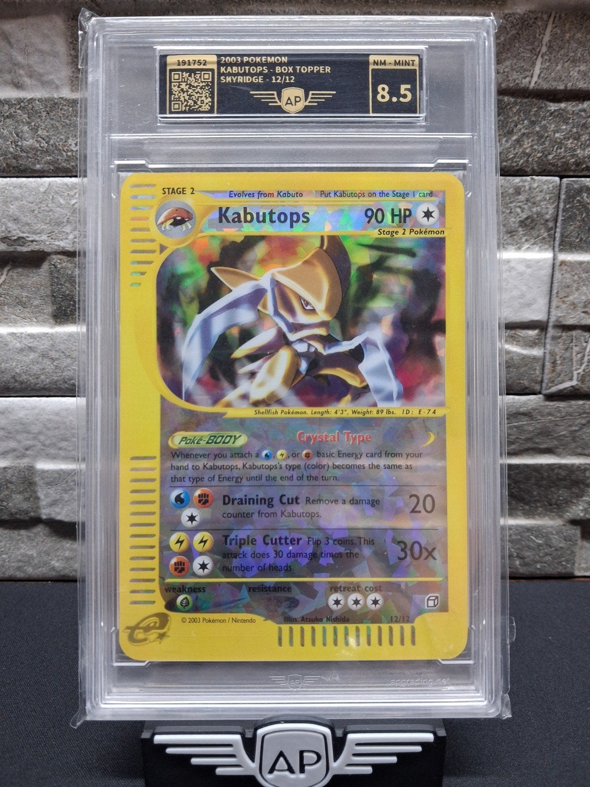 2003 Pokémon Kabutops Box Topper Skyridge 12/12 AP 8.5, Ophalen of Verzenden, Zo goed als nieuw, Losse kaart