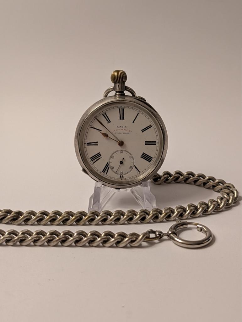 Antiek Zilver Zakhorloge – Kay’s "Advance" + Ketting, Antiek en Kunst, Ophalen of Verzenden, Zilver