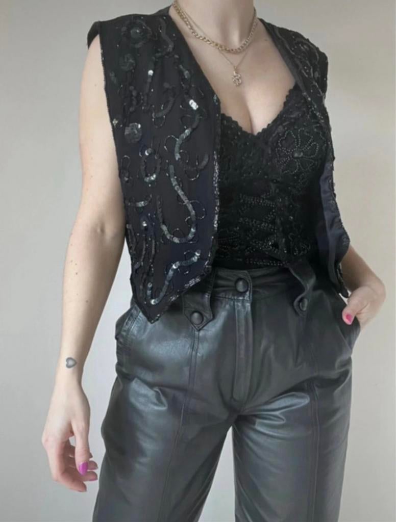 Vintage pailletten gilet, XS/S. Party glitter bloem festival, Verzenden, Zwart, Vintage, Maat 34 (XS) of kleiner