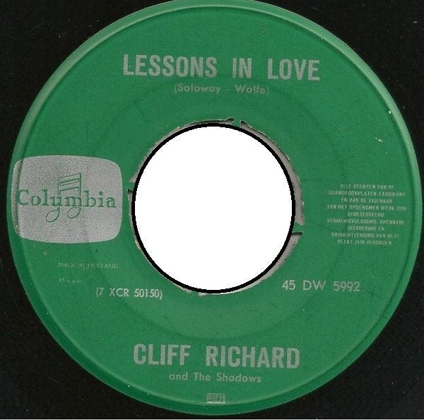 Cliff Richard & The Shadows – Lessons In Love] rock n roll, Cd's en Dvd's, Originele persing, 7 inch, Ophalen of Verzenden, Zo goed als nieuw