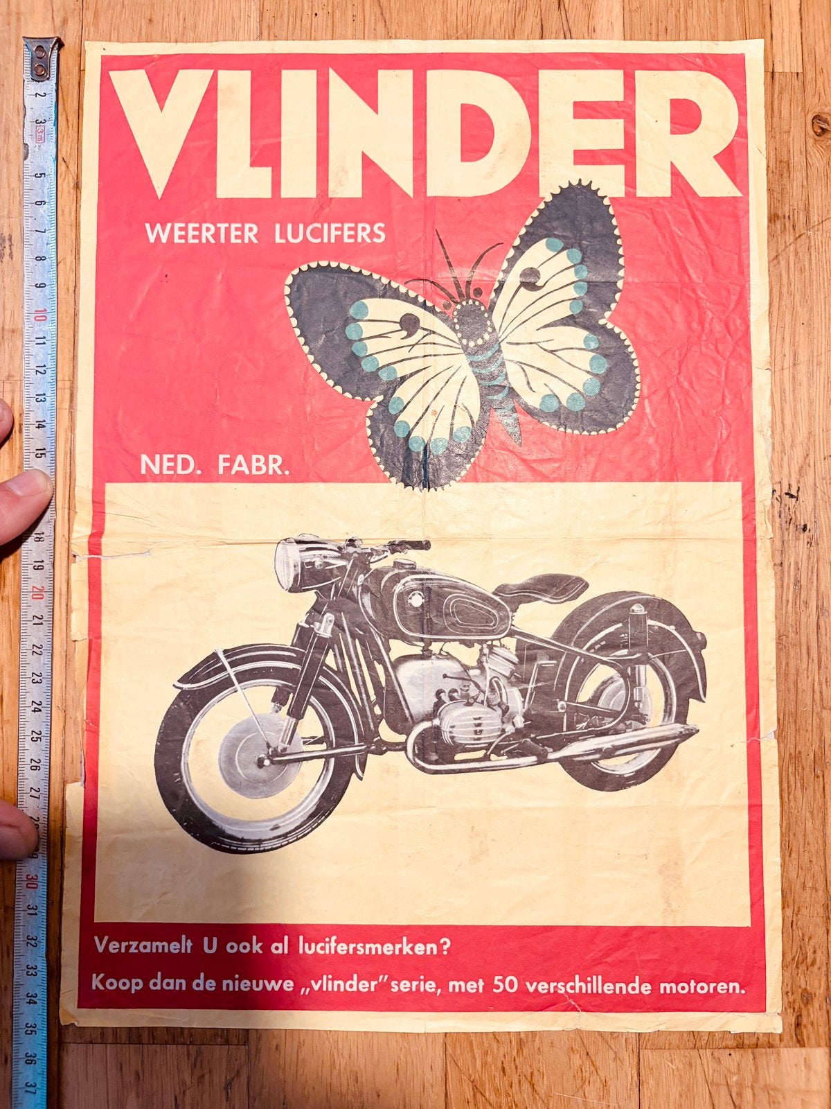 Winkelposter Vlinder lucifer 1960 - uit Weert, Ophalen of Verzenden, Gebruikt, Luciferdoosjes of -merken