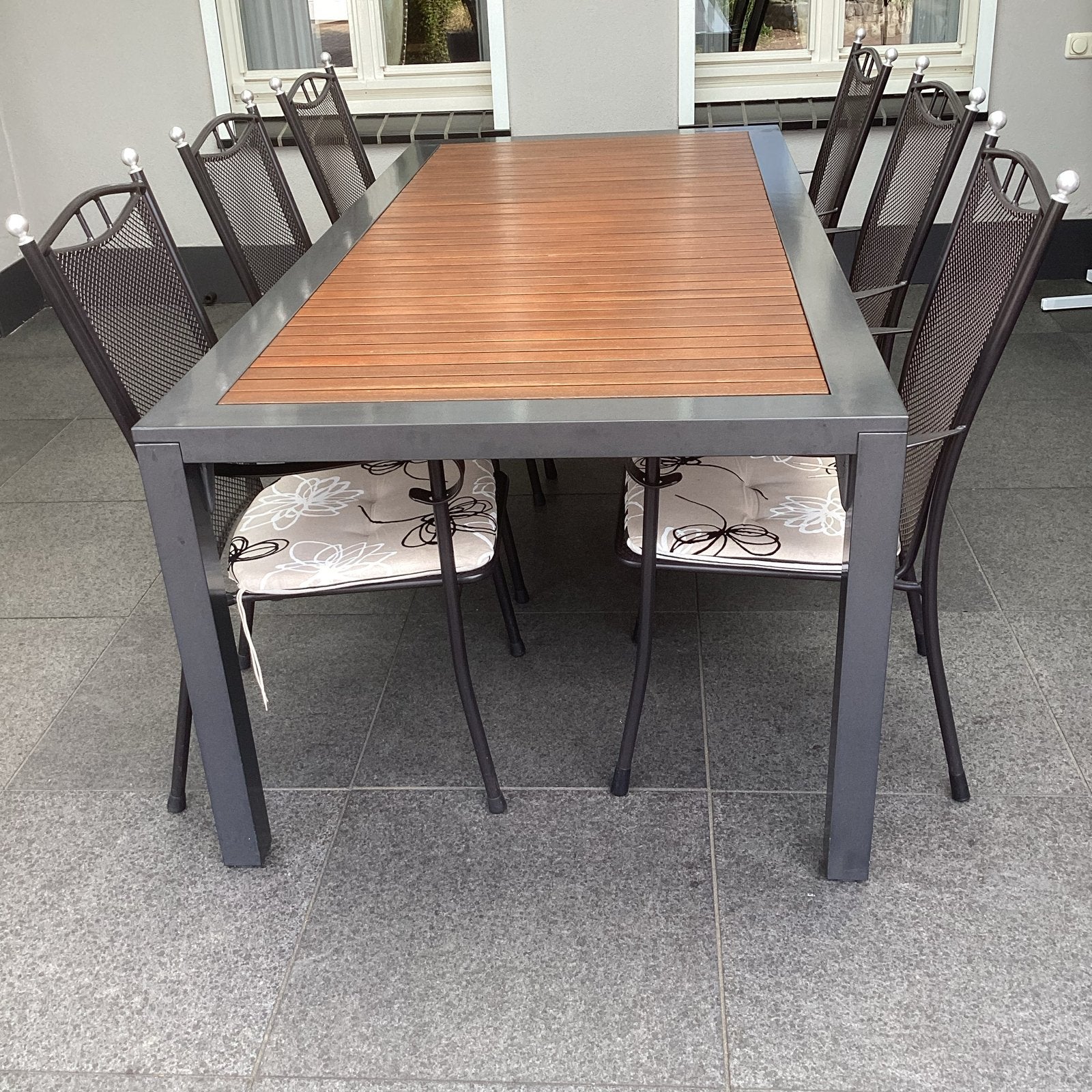 Tuinset met 6 stoelen en houten tafelblad, Ophalen, Gebruikt, Eettafel, 6 zitplaatsen