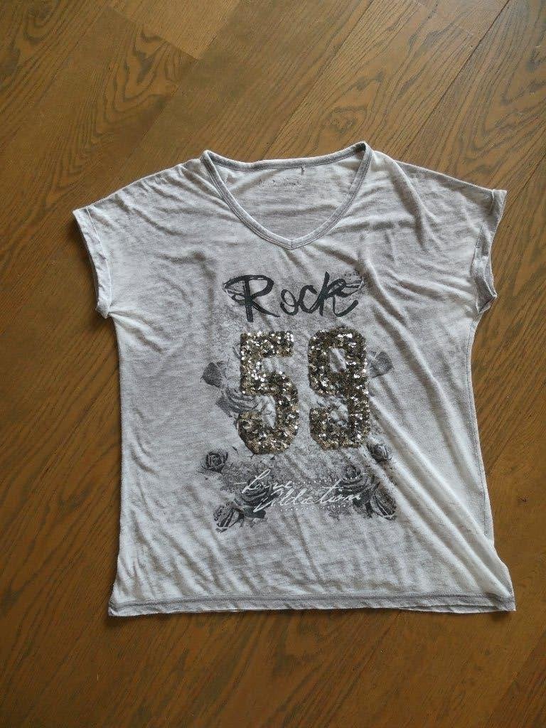 Grijs gemeleerd T-shirt met opdruk, ruime maat 42, Maat 42/44 (L), Ophalen of Verzenden, Onbekend, Korte mouw