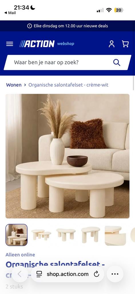 Nieuwe salontafel organisch crème wit, Ophalen, 100 tot 150 cm, Rond, Nieuw