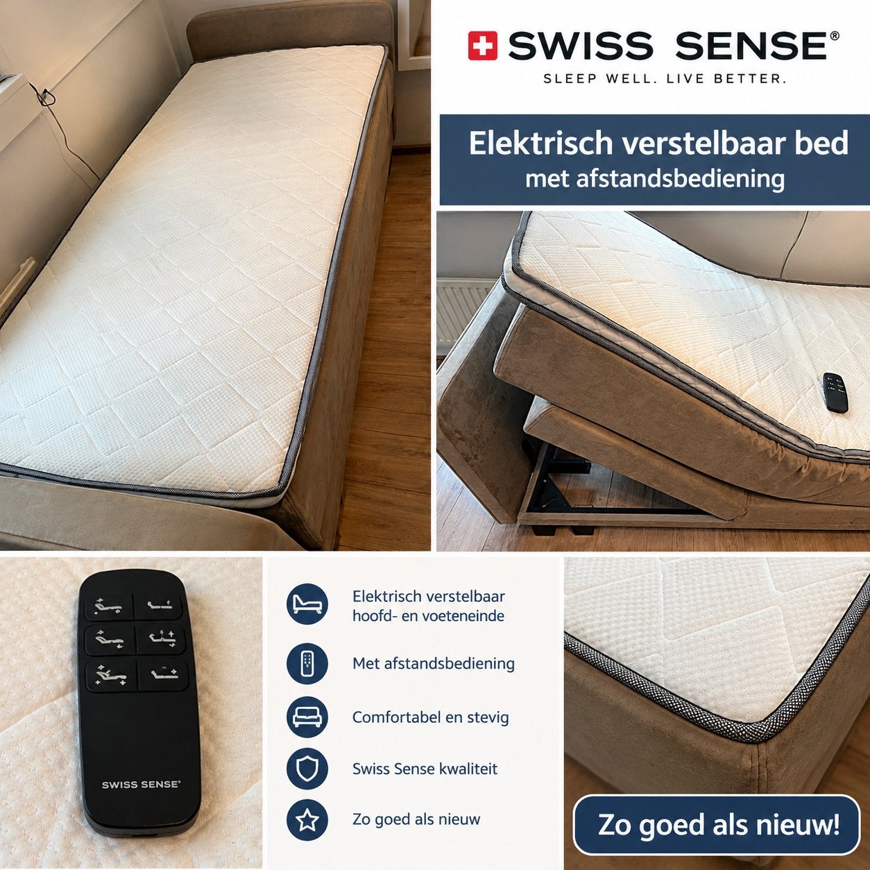 Elektrisch verstelbaar bed Swiss Sense, Ophalen, Verstelbaar, Eenpersoons, Bruin