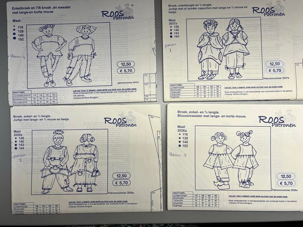 Kinder patronen van Roos - Diverse modellen, Hobby en Vrije tijd, Kledingpatronen, Kind, Overige typen, Gebruikt, Roos