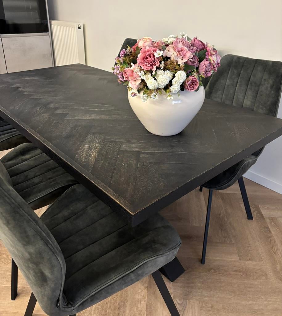 Zwarte visgraat eettafel, Zo goed als nieuw, 150 tot 200 cm, Rechthoekig, 50 tot 100 cm