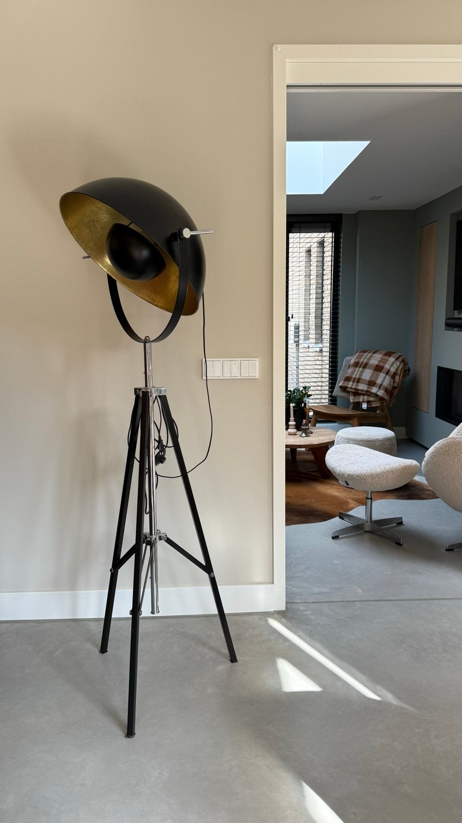 Stijlvolle Vloerlamp Studio Spot Zwart/Goud op Statief, Huis en Inrichting, Ophalen, E27 (groot), Zo goed als nieuw, Metaal