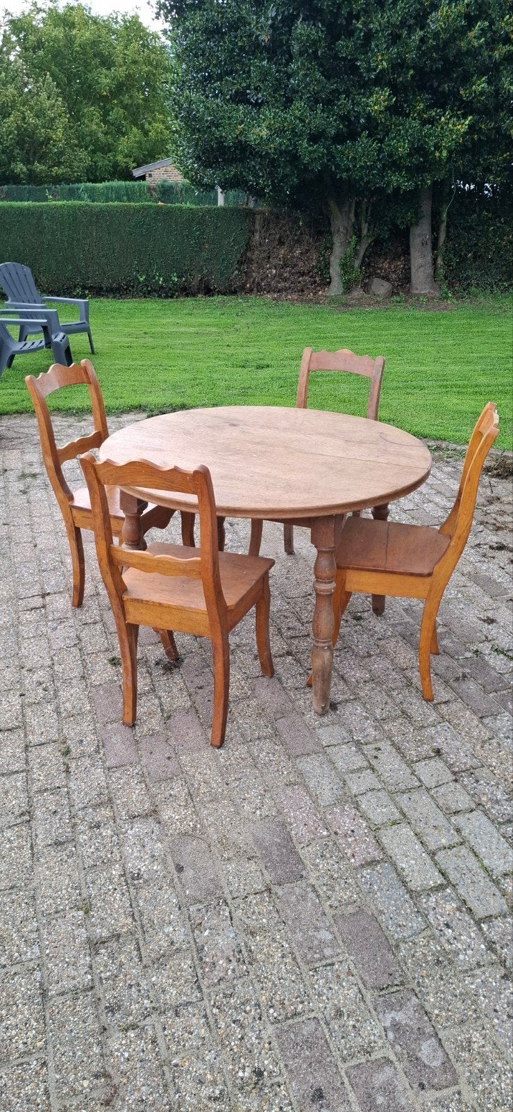Antieke houten eettafel met 4 stoelen, Ophalen