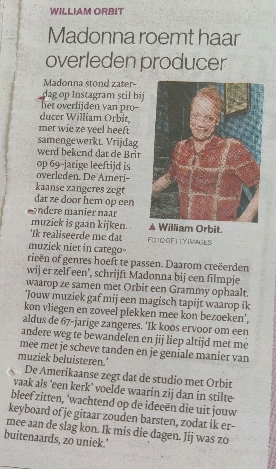 Madonna Krantenartikel knipsel, Ophalen of Verzenden, 1980 tot heden, Knipsel(s)