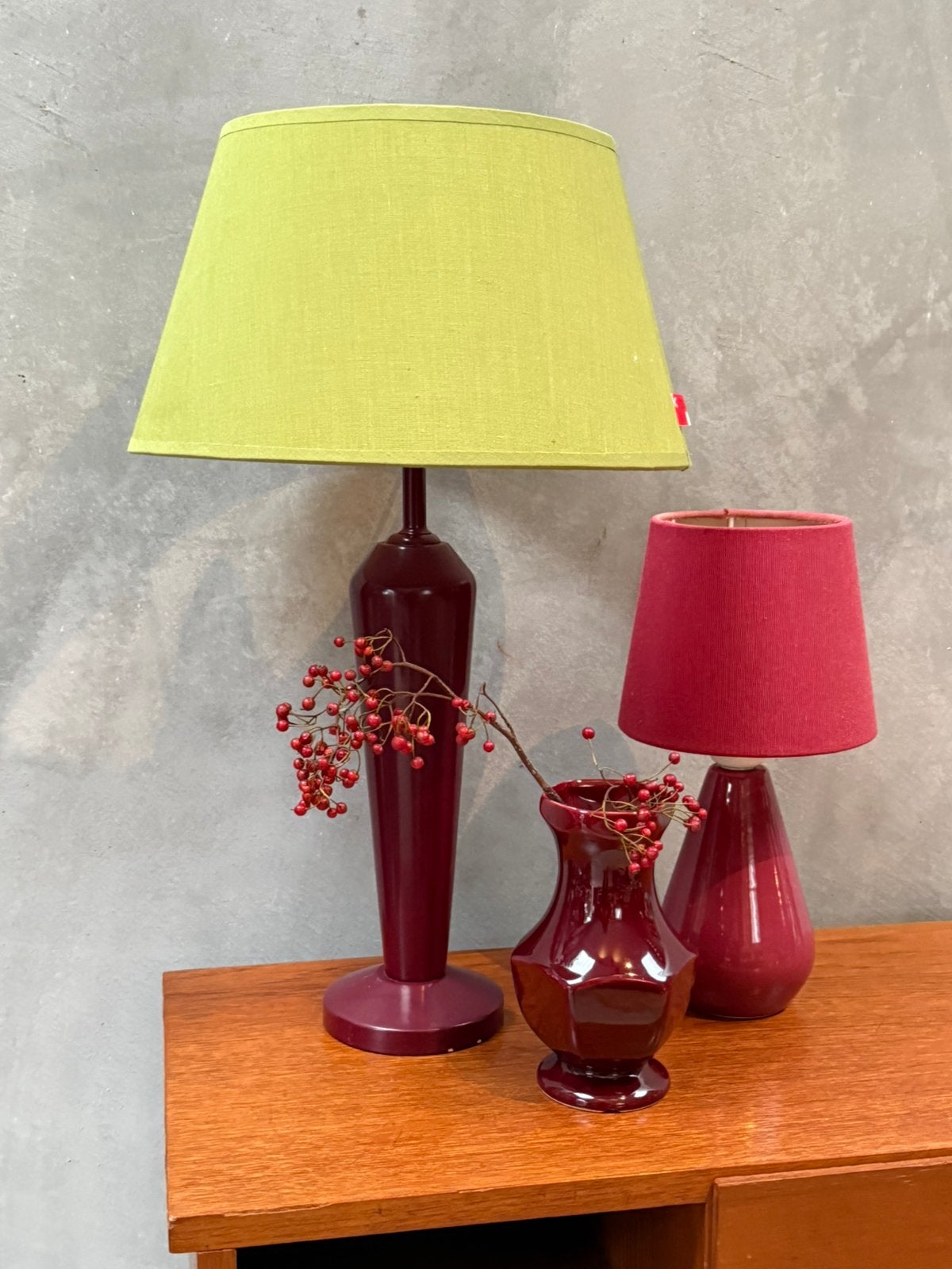 Tafellamp - rood/paars mer appeltjesgroene kap, 49 cm, Q, Q, Met kap