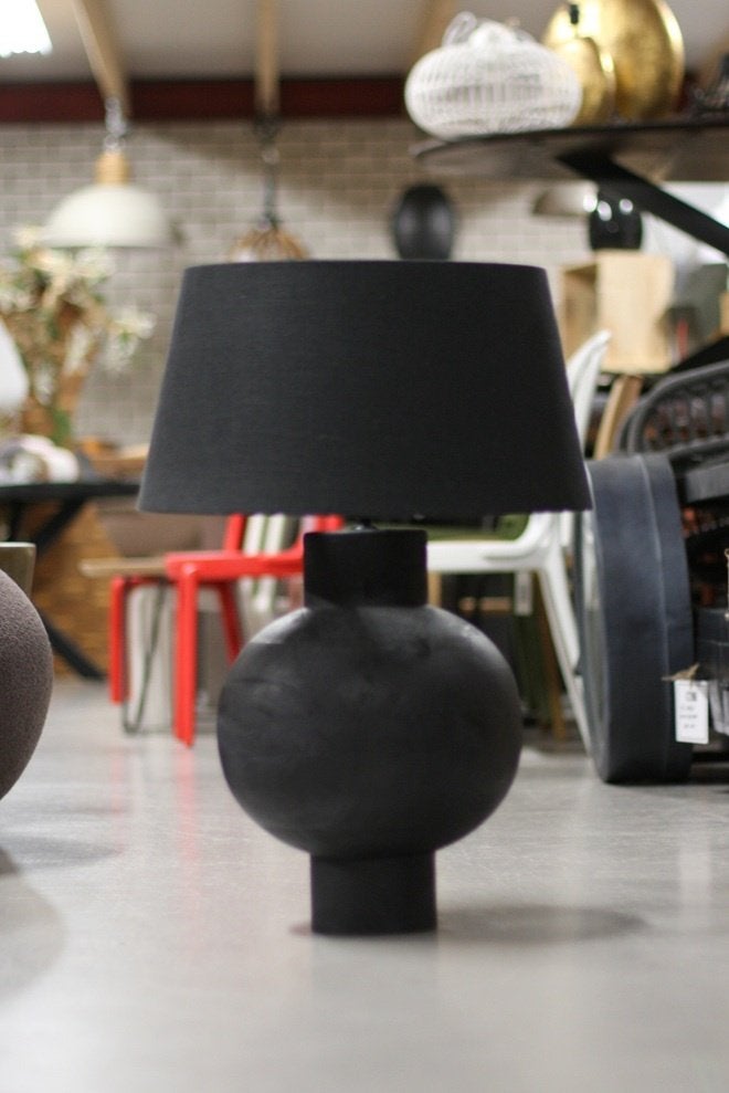 Zwarte ronde tafellamp schemerlamp BARUMI L&L hout stof, Met schakelaar, Zwart, Zo goed als nieuw, Hout