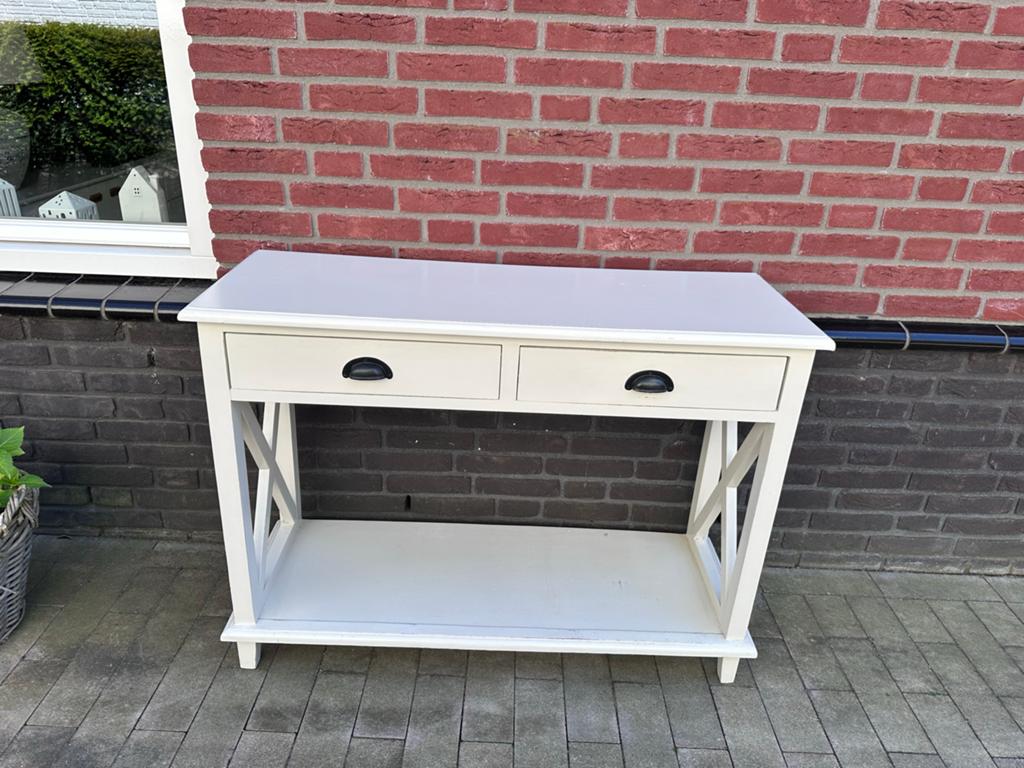 Crèmekleurige side table met 2 lades en plank, Ophalen, Gebruikt, 75 cm of meer, 60 cm of meer