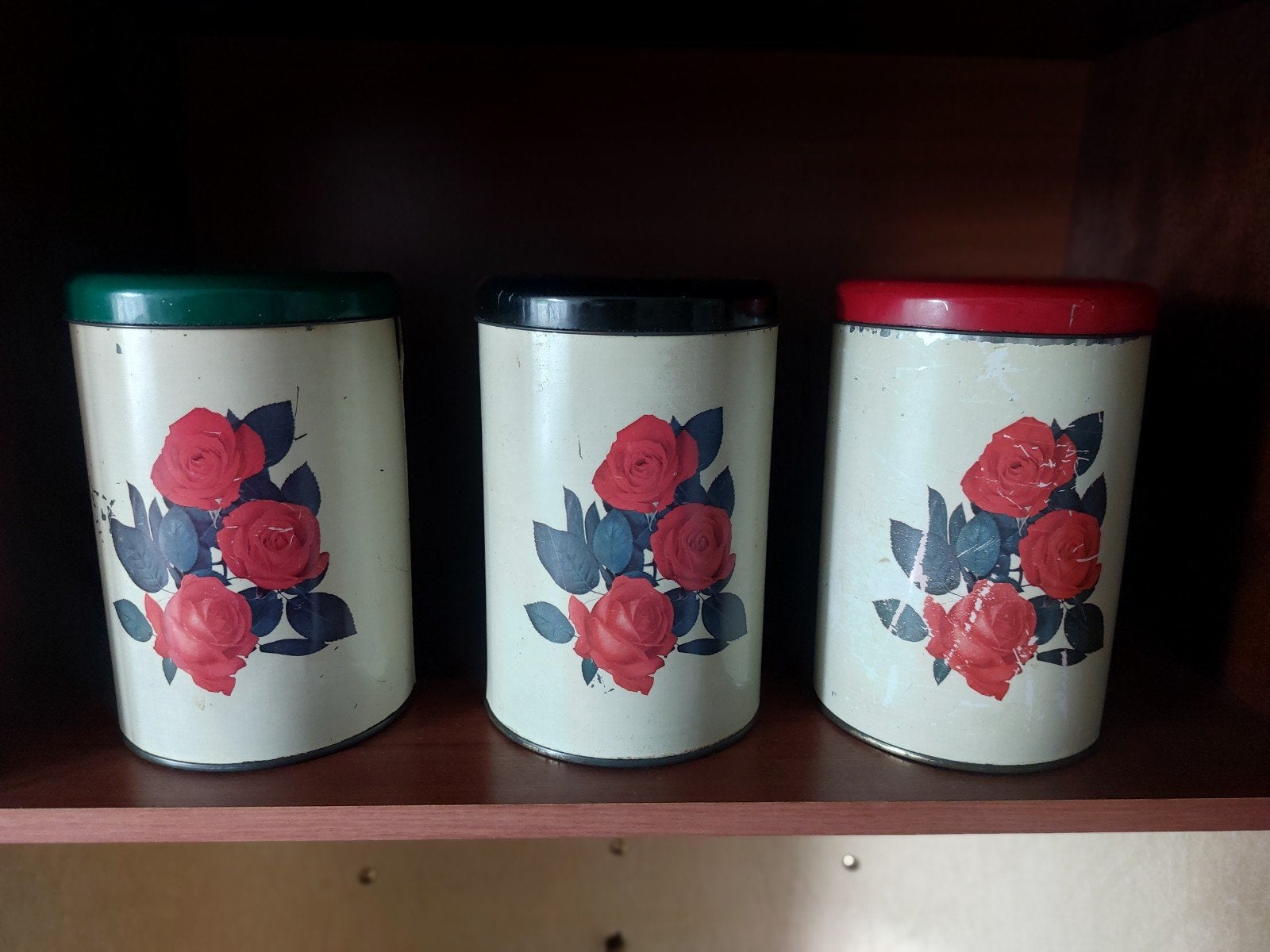 Vintage Tomado voorraadblikken met rozenprint (set van 3), Antiek en Kunst, Ophalen of Verzenden