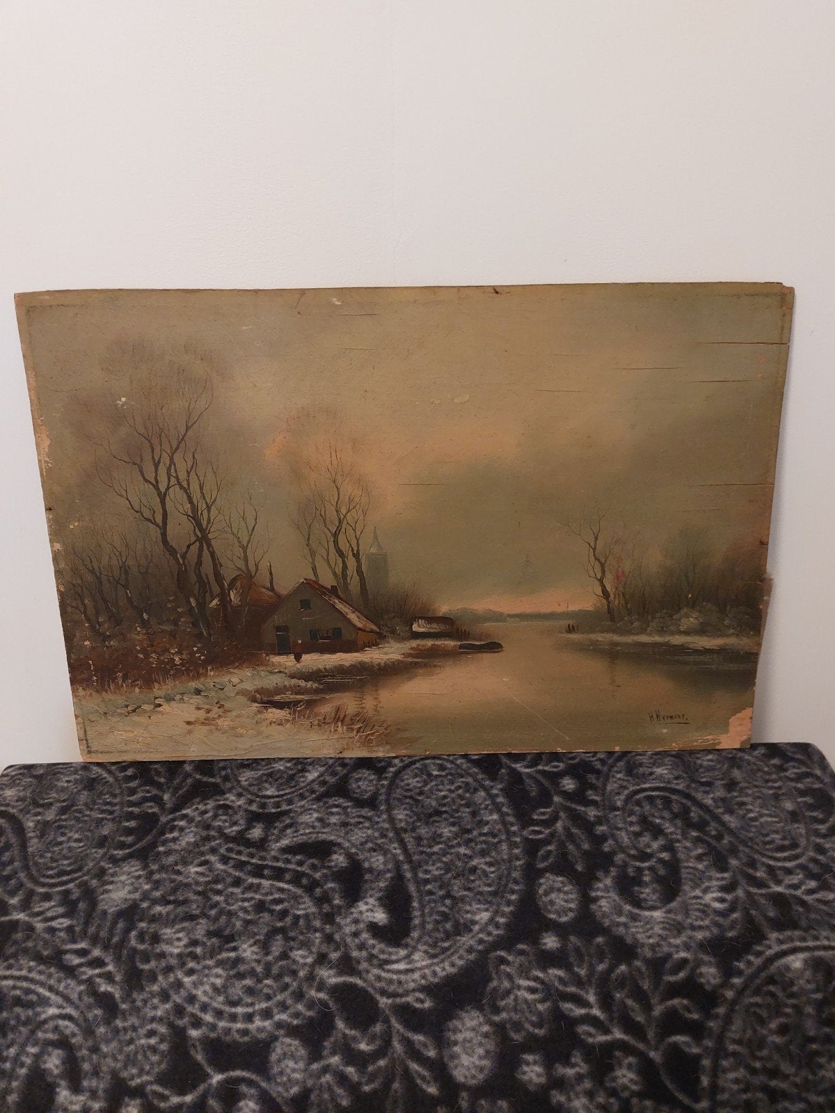 H.Hermans Schilderij,  Boerderij in de winter., Antiek en Kunst, Ophalen of Verzenden