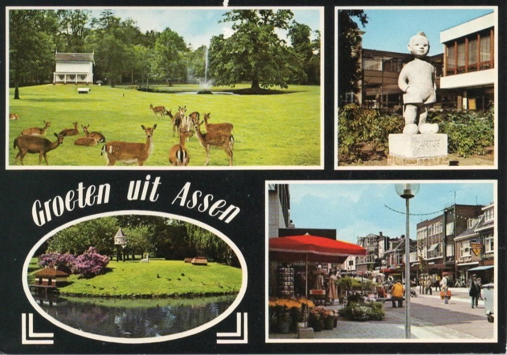 Ansichtkaart Assen, 4-luik, herten, bartje, winkelstraat, Ophalen of Verzenden, 1980 tot heden, Gelopen, Drenthe