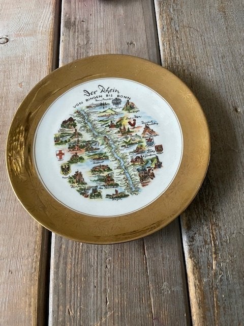 Vintage gouden bord Bavaria porselein. Der Rhein Bingen Bonn, Antiek en Kunst, Antiek | Wandborden en Tegels, Ophalen