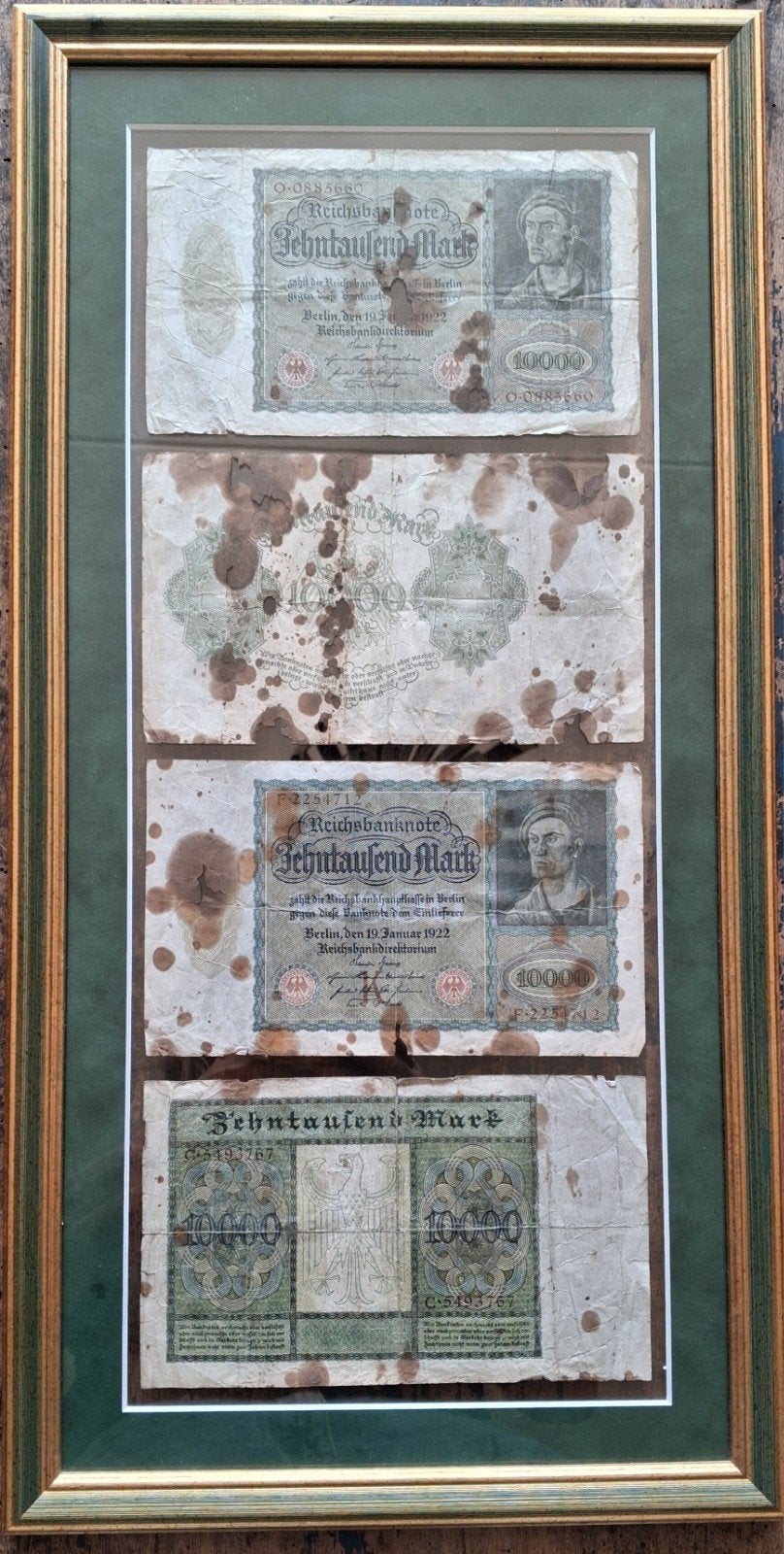 10.000 Mark. 1922. REICHSBANK. 4 st. Gekaderd. *Zie tekst., Postzegels en Munten, Ophalen, Duitsland, Los biljet