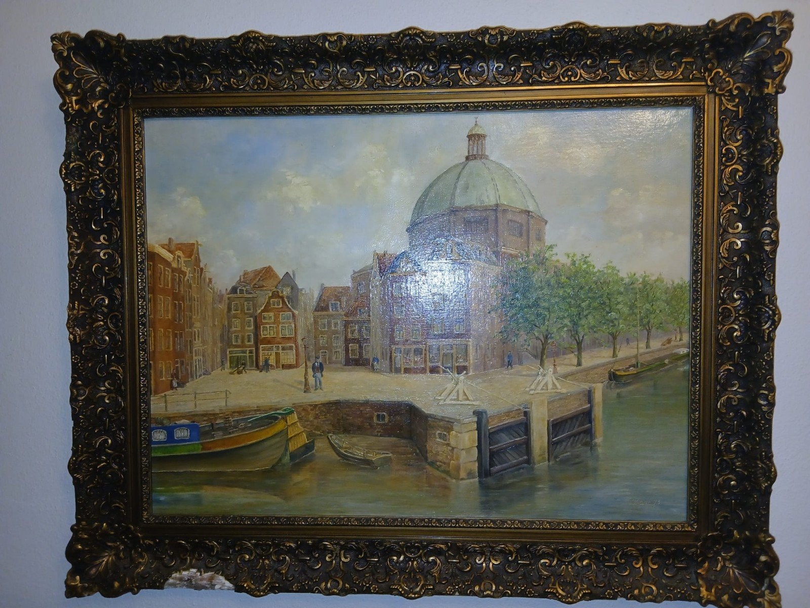 Schilderij Amsterdamse gracht met Koepelkerk, Antiek en Kunst, Doek, Realistisch, Ophalen of Verzenden, Olieverf