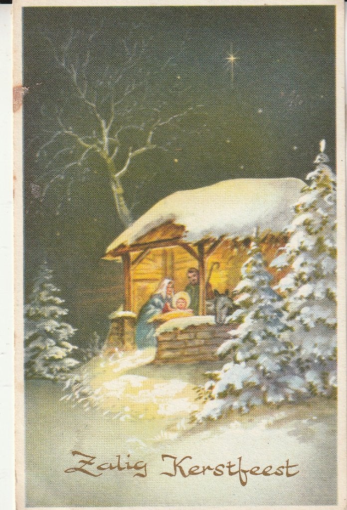 Kerstkaart: Kerststal in de sneeuw - Zalig Kerstfeest, Ophalen of Verzenden, 1940 tot 1960, Gelopen, Feest(dag)