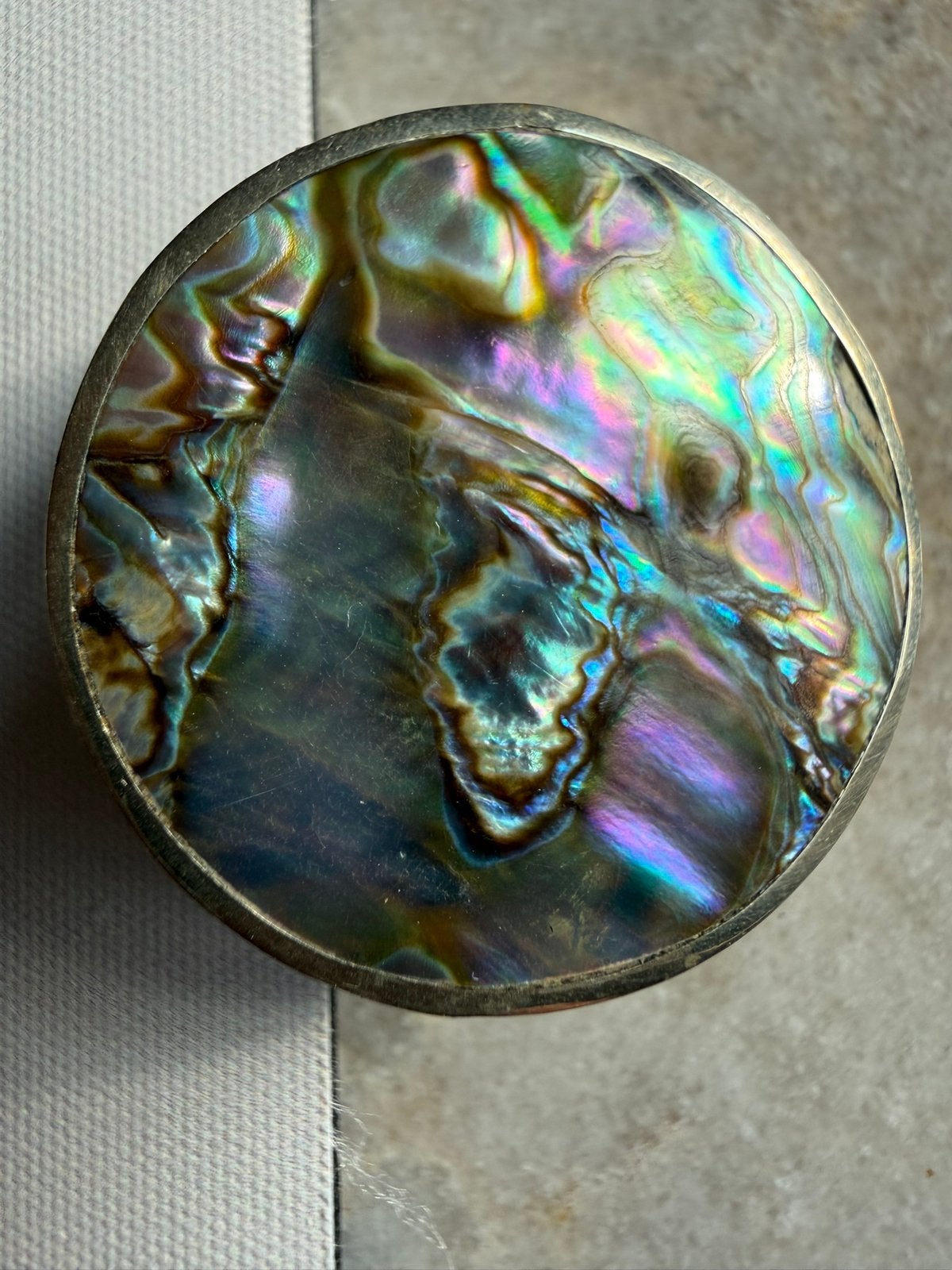Vintage Alpaca zilveren pillendoosje / abalone deksel, Ophalen of Verzenden
