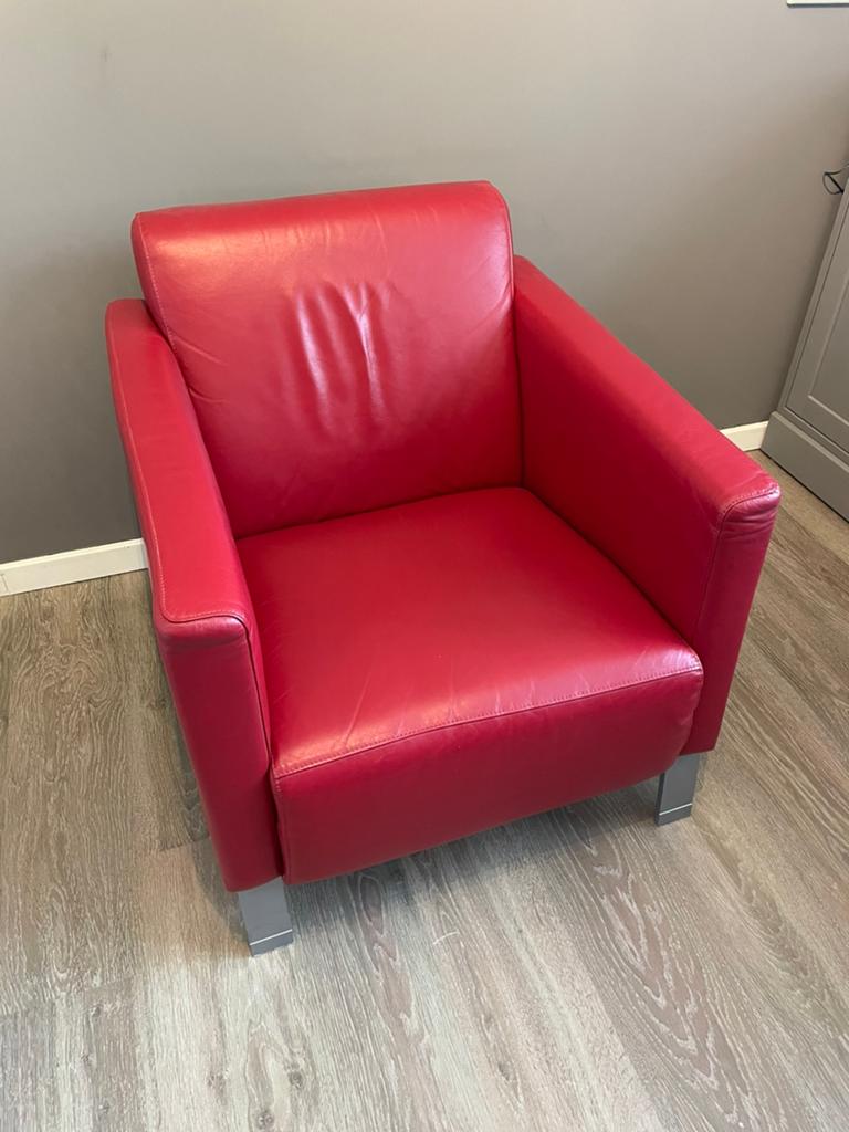 Touche fauteuil rood leer, eventueel met hocker, Ophalen, Gebruikt, 75 tot 100 cm, Leer