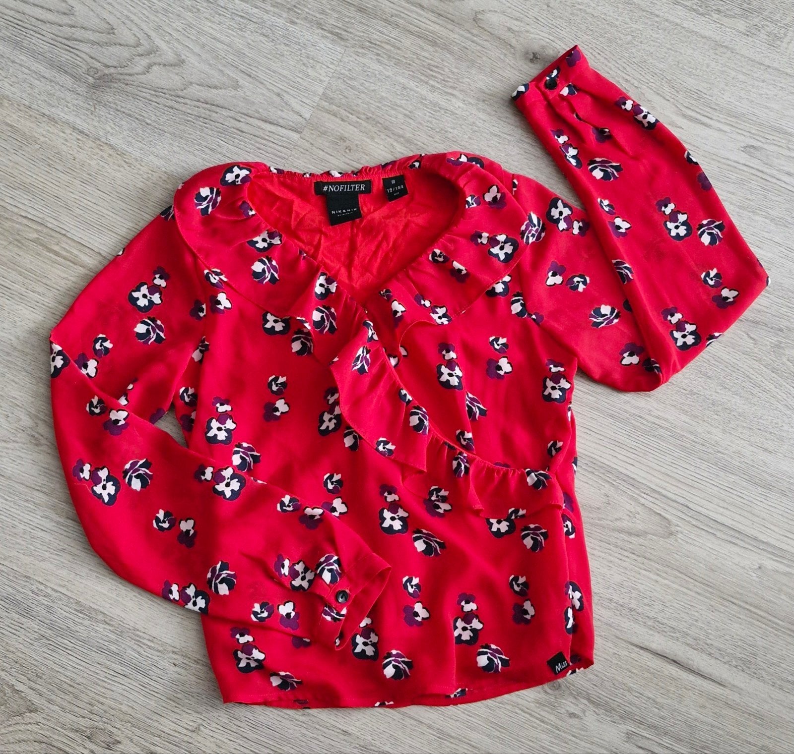 rode blouse met bloemenprint en ruches, Meisje, Overhemd of Blouse, Nik&Nik, Ophalen of Verzenden