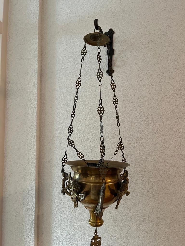 Antieke koperen Godslamp met Engelen en Kettingen, Ophalen