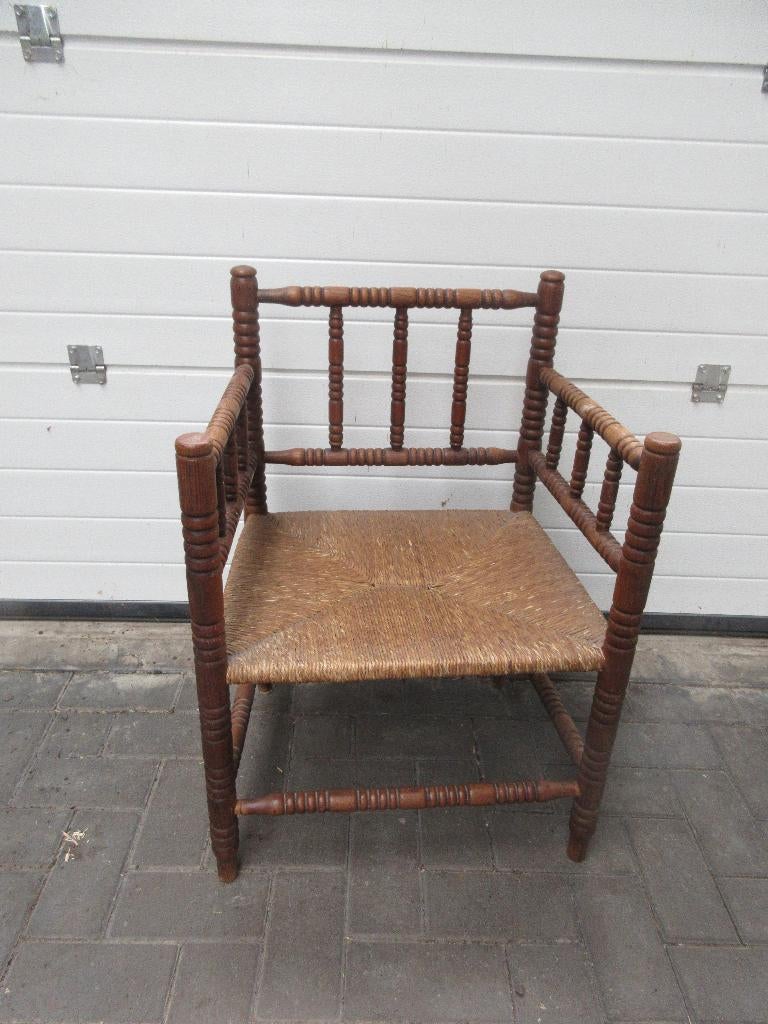 oud Hollandse stoel gedraaide poten en biezen zitting Bobbin, Huis en Inrichting, Stoelen, Ophalen, Gebruikt, Bruin, Hout