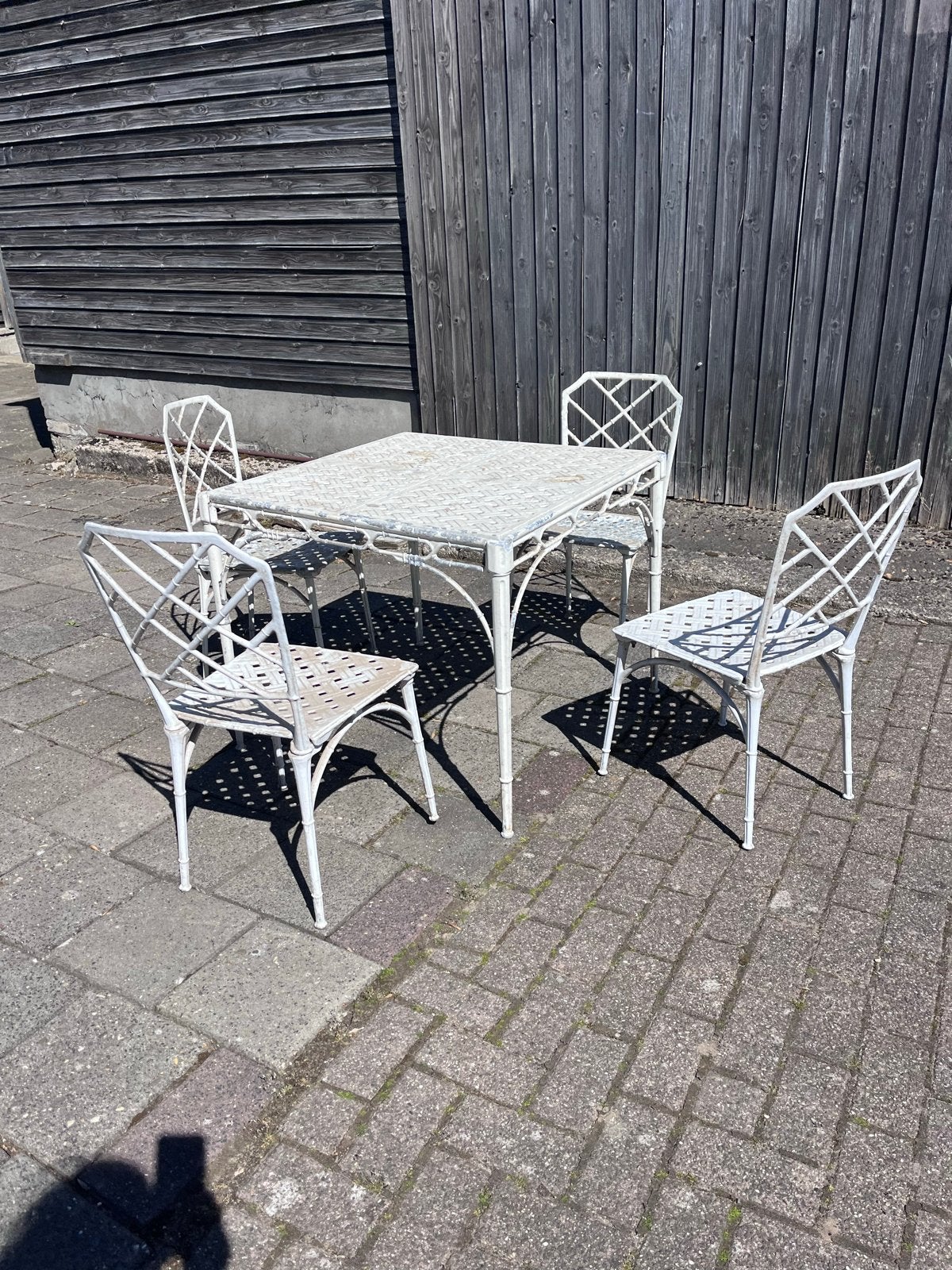 Vintage Faux Bamboo Brown Jordan Tuinset Eettafel 4 Stoelen, Ophalen, 4 zitplaatsen, Gebruikt, Eettafel