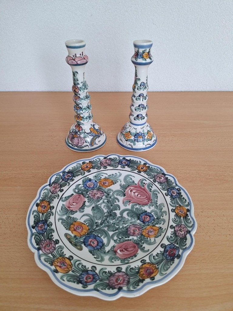 Handgeschilderde K.N. Skyros '70 Keramiek Bord & Kandelaars, Ophalen
