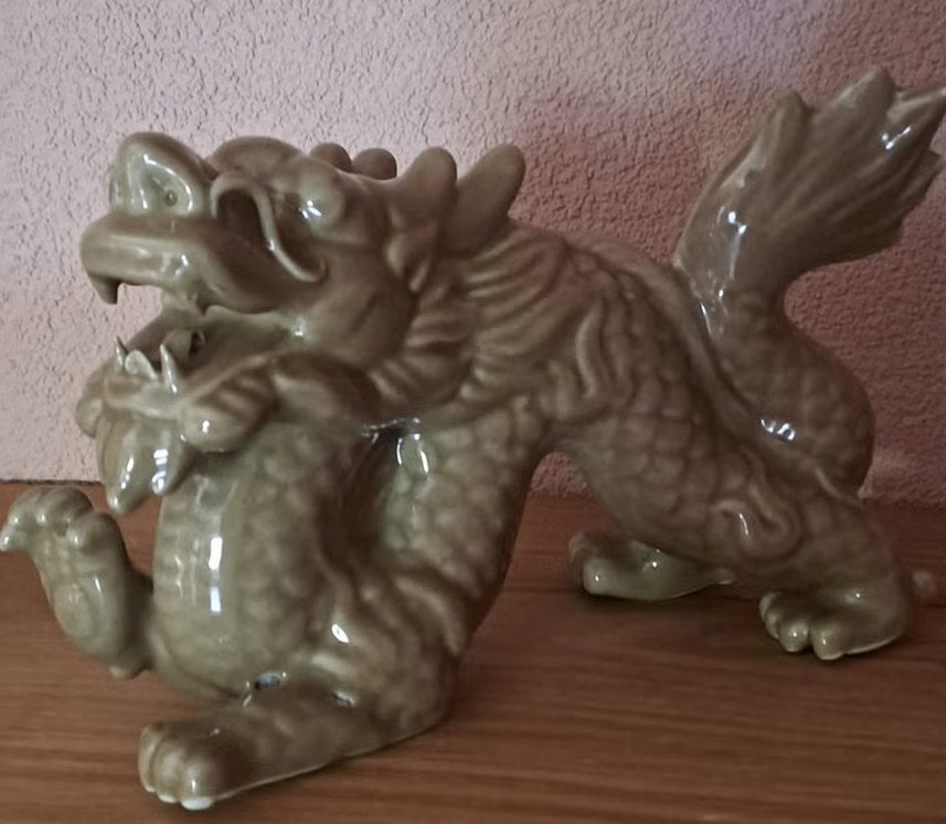 Vintage zwaar Chinees Draak Beeld - Celadon Keramiek, Antiek en Kunst, Ophalen of Verzenden