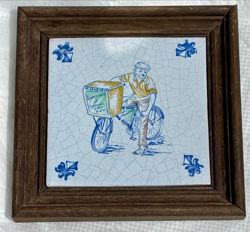 Vintage Delfts Blauw Tegeltje: Kruidenier op Fiets 1, Antiek en Kunst, Ophalen of Verzenden