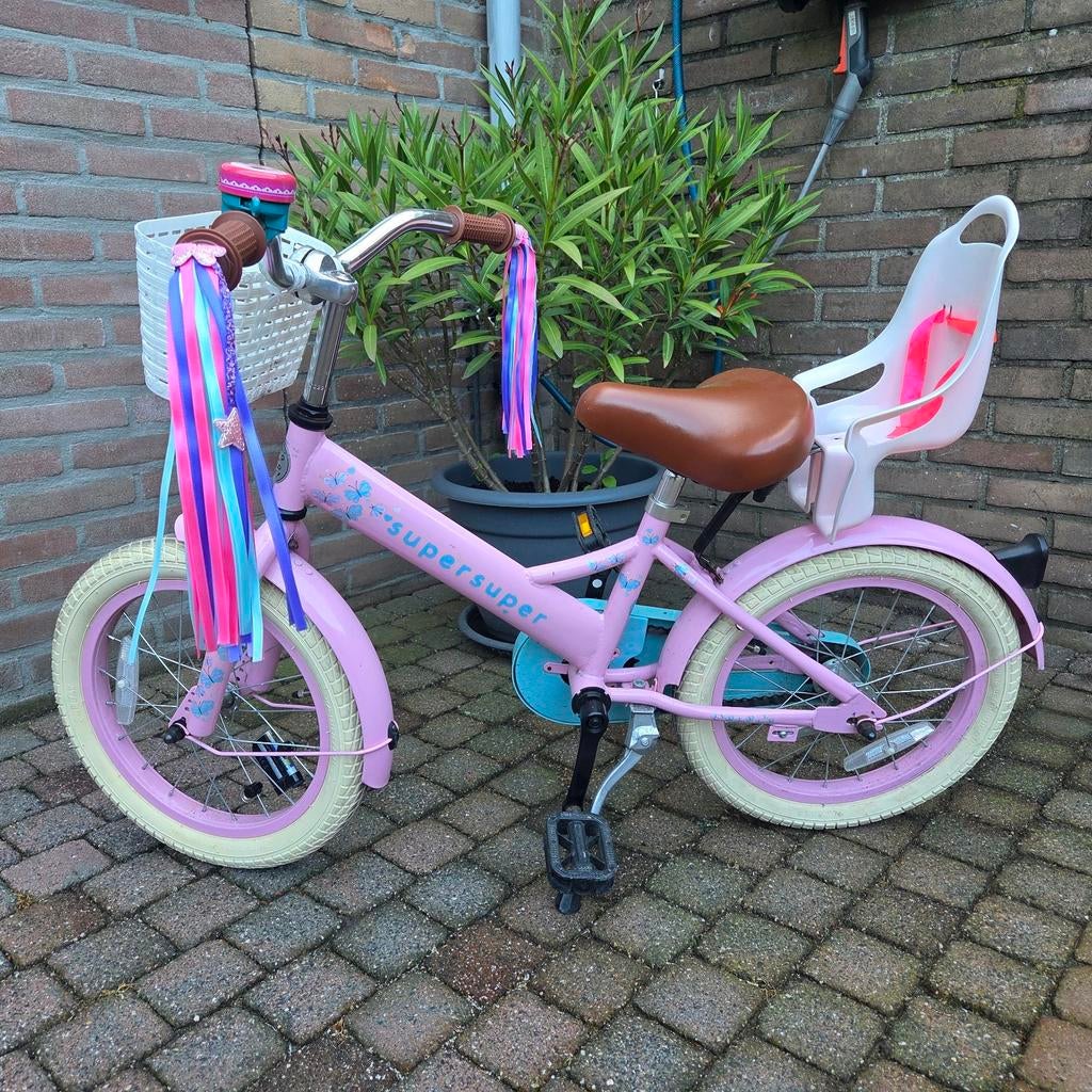 Supersuper Little Miss roze kinderfiets 16 inch, Ophalen, Terugtraprem, Zijwieltjes, 16 tot 20 inch