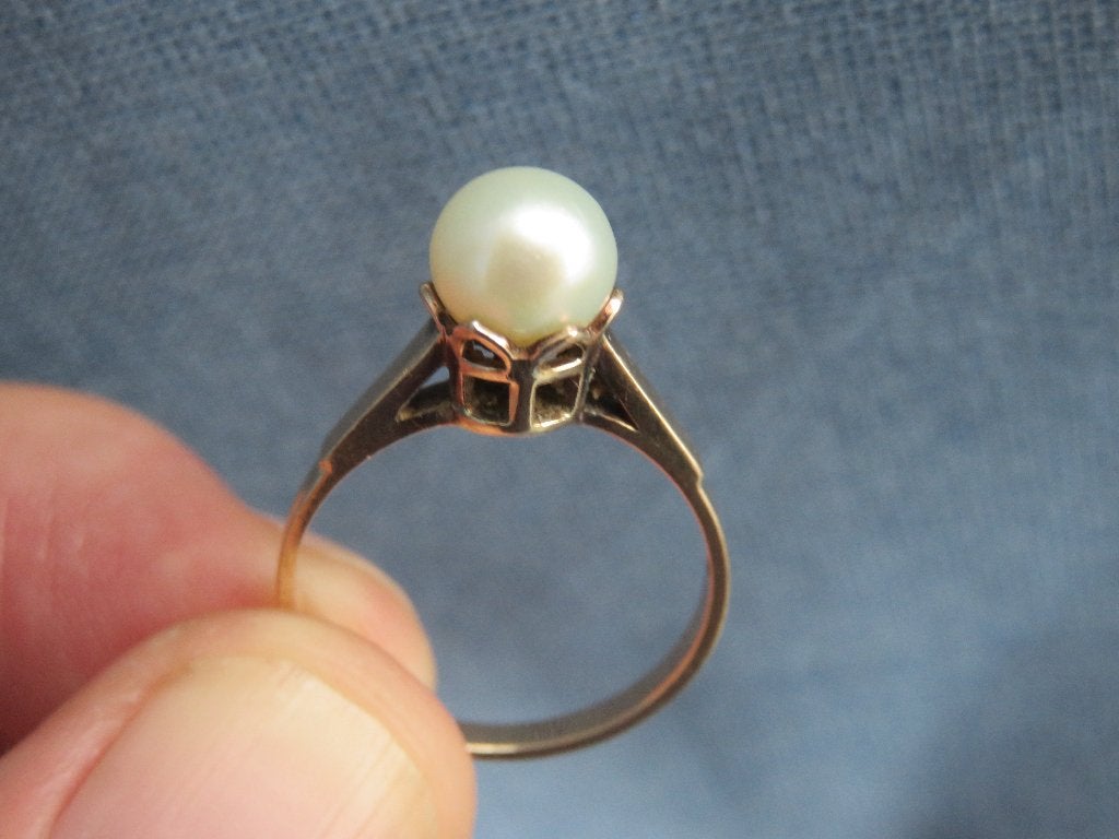 Antieke ring met parel in 9 karaat goud, Ophalen of Verzenden, Goud, Ring